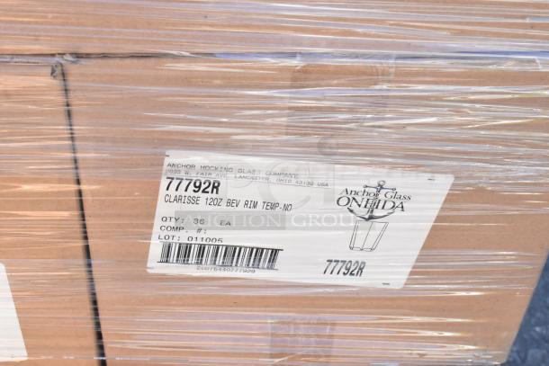 Alt text: Pallet with Anchor Hocking Oneida boxes labeled 12oz Clarisse glassware. Condition: Brand new, scratch and dent. Quantity: 36 per box.