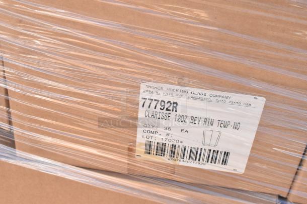 Box of Anchor Hocking Clarisse 12oz beverage glasses, model 777792R, 36 units, visibly wrapped for protection.
