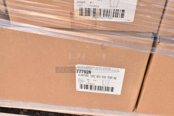 Cardboard box with Anchor Hocking label, model 77792R, Clarisse 12oz beverage glassware, 36 pieces, Lot 170204.