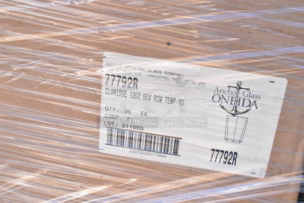 Pallet of Anchor Hocking glassware, model 77792R, Clarisse 12oz, 36 units, shrink-wrapped with visible product label.