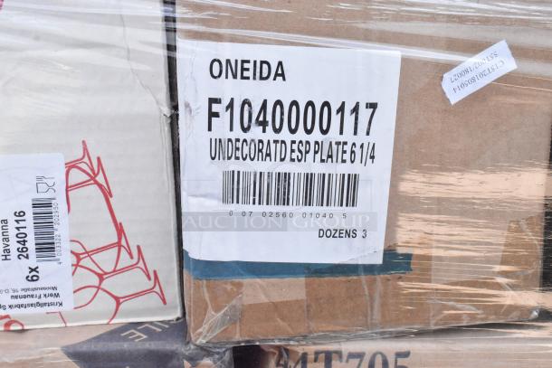 Box with Oneida label, F1040000117, undecorated espresso plates 6 1/4", three dozen quantity, wrapped in plastic.