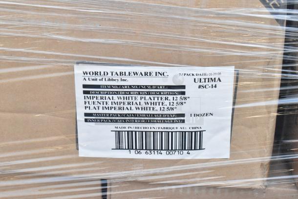 Label on box of World Tableware Inc. Imperial White Platters, 12 5/8". Contains 1 dozen, #SC-14, made in China.