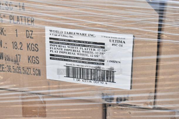 Pallet of World Tableware Inc. boxes marked "Imperial White Platter, 12 5/8"". Pack of 1 dozen. Model: SC-14, made in China.