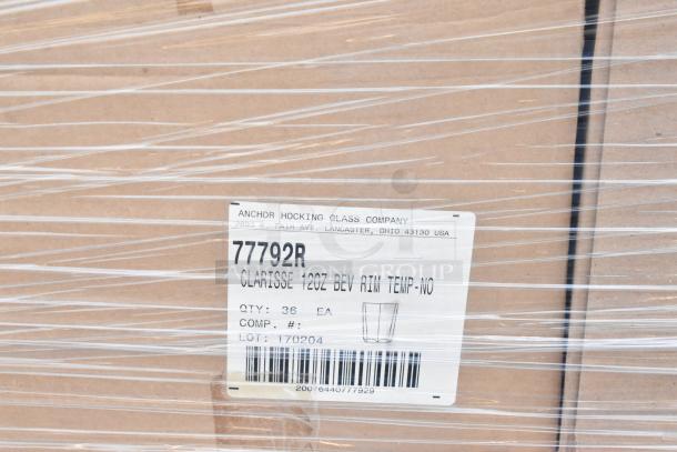 Box of Anchor Hocking Clarisse 12oz glassware, 36 count per box, brand new scratch and dent.