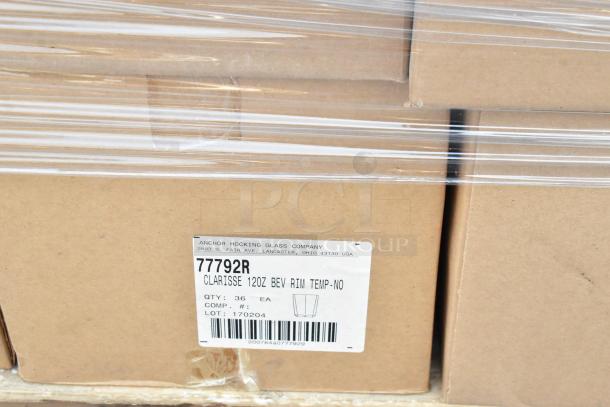 Boxes of Anchor Hocking Clarisse 12oz glassware, new, scratch and dent. Label shows 36 units per box, Lot 170204.