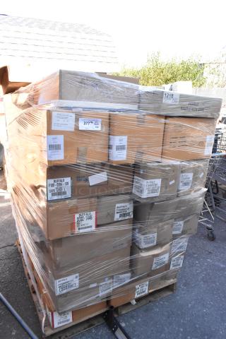 Palette of boxes containing 60 brand new scratch and dent dishware items, wrapped in clear plastic.