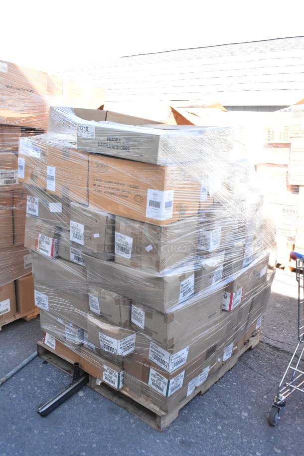 Pallet of 60 new scratch and dent dishware boxes, shrink-wrapped, visible labels read "FRAGILE" and "HANDLE WITH CARE."