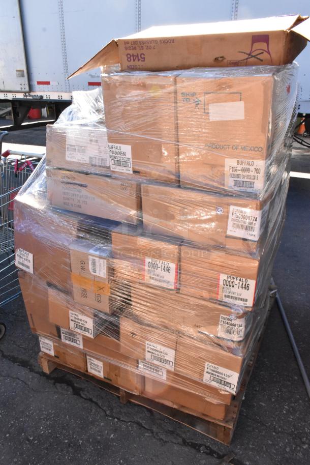 Pallet of boxed dishware, brand new, some scratch and dent. Labeled "Buffalo" and "Product of Mexico." 60 items per bid.