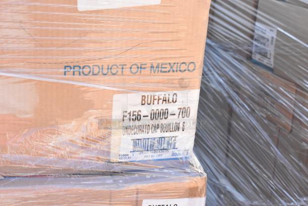 Package of Buffalo F156-0000-700 undecorated cap bouillon cups, labeled "Product of Mexico," wrapped in plastic.