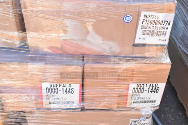 Pallet of Buffalo dishware boxes, brand new scratch-and-dent condition, labels indicate various models and quantities.
