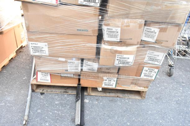 Pallet of boxed dishware labeled "Buffalo" and "Oneida," wrapped in plastic, marked "scratch and dent."