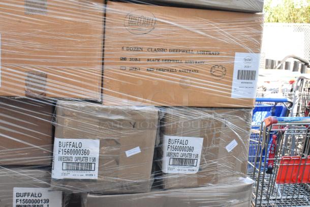 Boxes of brand new scratch and dent dishware, wrapped in plastic. Labels indicate various items like Buffalo platters.
