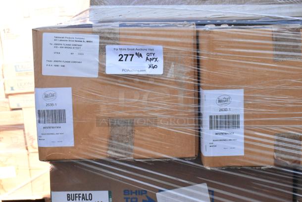 Boxes of dishware labeled Tablecraft 263B-1. Includes black deepwell ash tray, 60 items total. Scratches/dents possible.