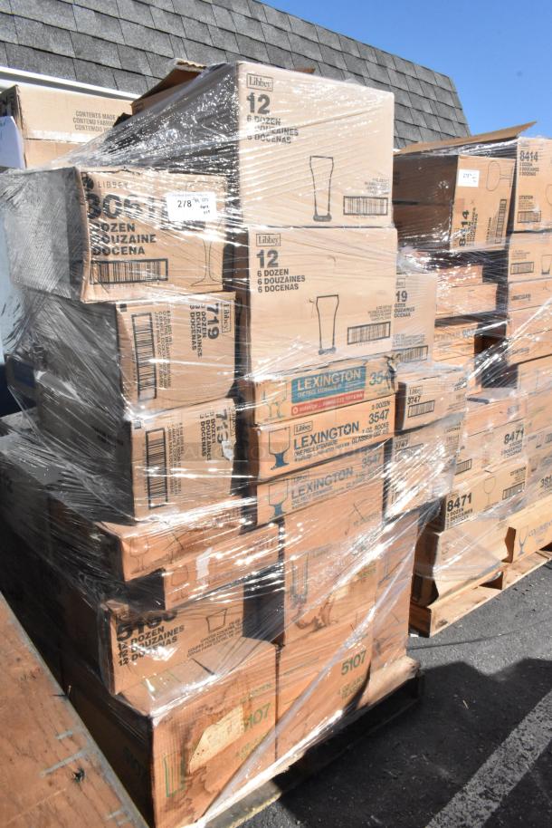 Pallet with 35 boxes of Libbey glassware, shrink-wrapped. Includes scratch and dent items. Various styles labeled.