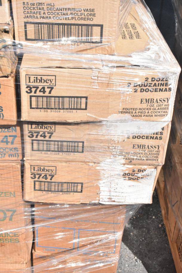 Boxes labeled "Libbey 3747" containing 7 oz glassware, wrapped in plastic. New scratch and dent condition.