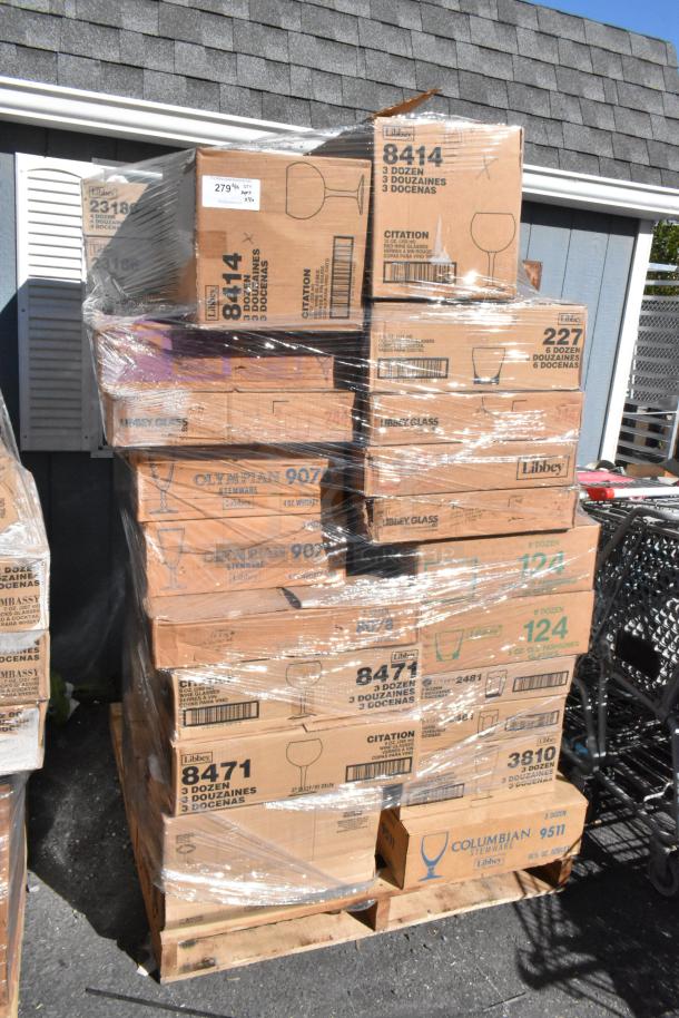 Pallet of 36 boxes of new scratch and dent glassware, Libbey brand, various models. Each box labeled with contents.