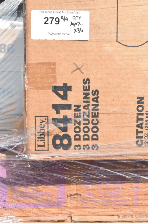 Box of 36 new Libbey glassware items, scratch and dent condition. Marked "8414, 3 dozen." Wrapped in plastic with auction label.