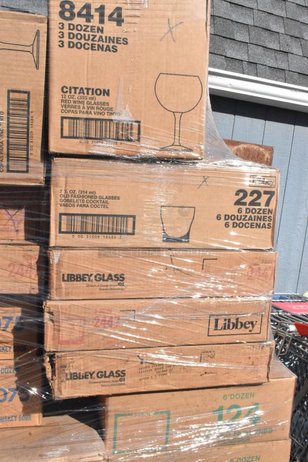 Boxes of Libbey glassware, 36 in total, packed and wrapped. Includes red wine and old fashioned glasses. Brand new.