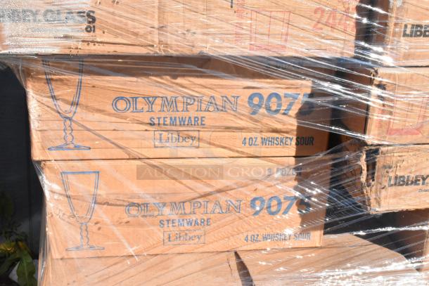 Packaged Olympian stemware by Libbey, 4 oz whiskey sour glasses, 3 dozen per box, labeled "Scratch and Dent."