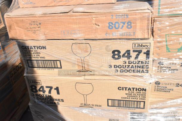 Boxes of Libbey Citation 9 oz wine glasses, model 8471, 3 dozen each, marked new, scratch and dent condition.