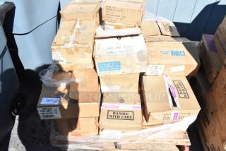 Boxes of various brand new scratch and dent dishware, labeled "Syracuse China" and "Handle With Care." Mixed condition.