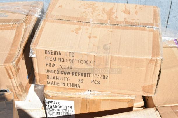 Boxes of various dishware, labeled "Oneida Ltd" and "Buffalo," containing 22 items, new with defects. Made in China.