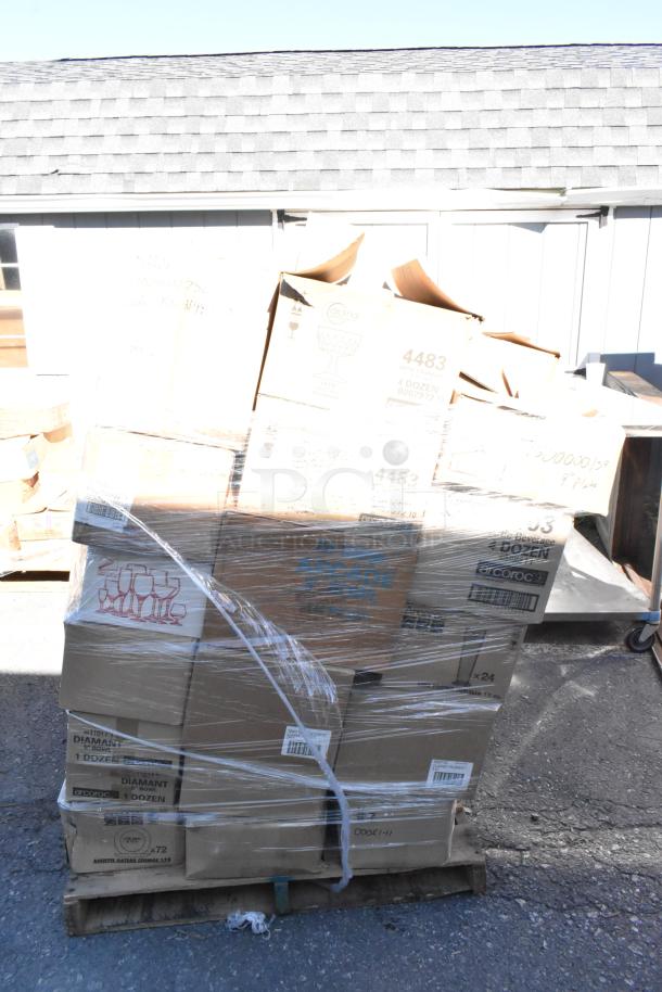 Pallet of 42 boxes with various brand new scratch and dent dishware, labels indicate sets and quantities.