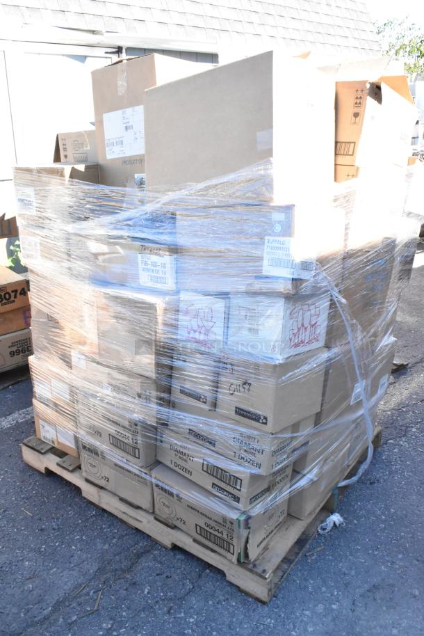 Pallet of sealed boxes containing 42 brand new scratch and dent dishware items, wrapped in plastic, labels visible.