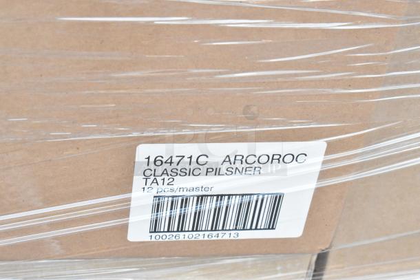 Cardboard box wrapped in plastic with Arcoroc Classic Pilsner label, 12 pieces per master case.