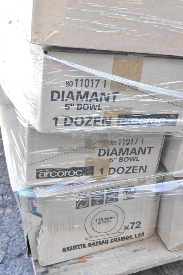 Cardboard boxes labeled "Arc International Arcoroc Diamant 5'' Bowl," holding a dozen each, wrapped in plastic.