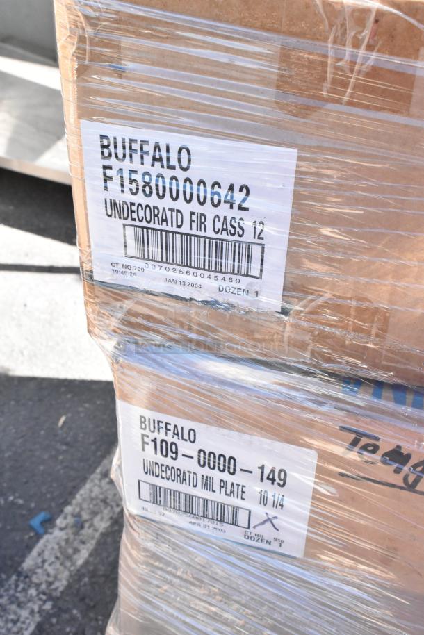 Boxes of Buffalo brand dishware labeled "Undecorated Fir Cass" and "Undecorated Mil Plate." Scratch and dent condition.