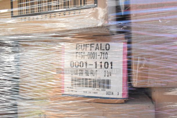Shrink-wrapped stack of boxes labeled "BUFFALO" with barcodes, containing 42 assorted scratch and dent dishware items.