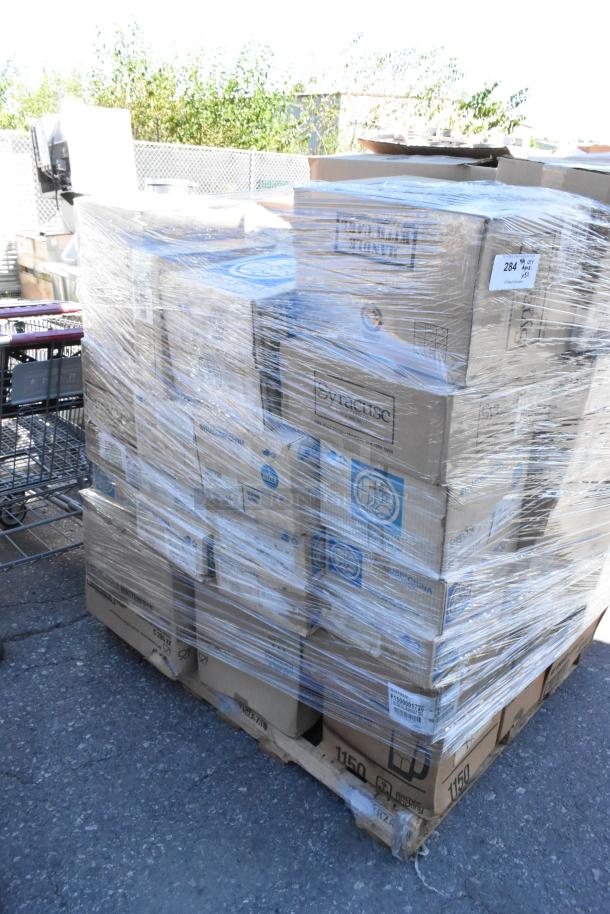 Pallet of 52 boxes containing brand new scratch and dent dishware and glassware, shrink-wrapped for auction.