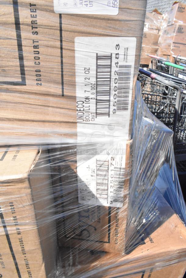 Stack of boxes labeled "UNDECO BOUILLON 7 1/2 OZ" wrapped in plastic, showing addresses and various barcodes.