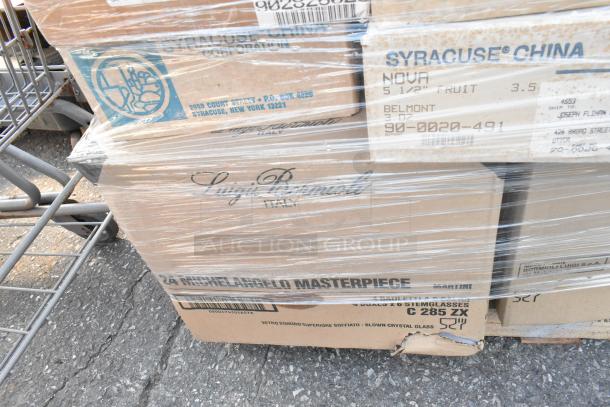52 boxes of new scratch and dent dishware/glassware, featuring brands like Syracuse China and Luigi Bormioli.