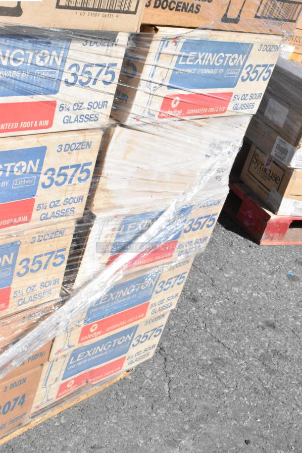 Boxes of Lexington 5.25 oz sour glasses by Libbey, three dozen per box, wrapped, labeled "scratch and dent."