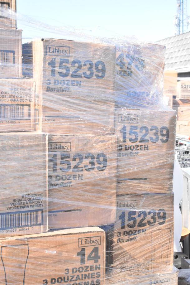 Boxes of Libbey glassware, model 15239, 3 dozen per box, new condition, wrapped in plastic, marked with shipping info.