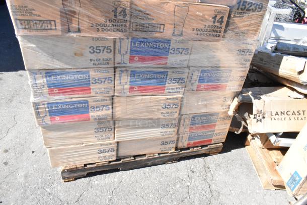 Pallet of 54 boxes containing Lexington and Libbey glassware, 5½ oz sour glasses, some with visible wear, sealed in plastic.