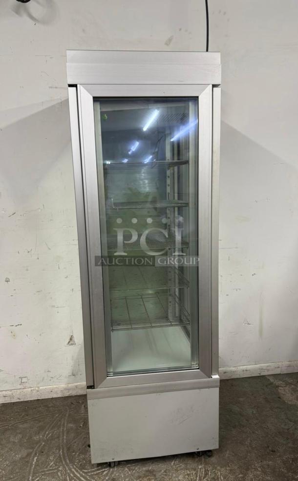 TEKNA 4400NFN 4-sided glass refrigerated display case, tested and working, stainless steel frame, caster wheels, adjustable shelves.