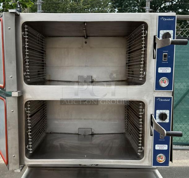 Cleveland 36PCGM300 ConvectionPro 36" gas steamer with two compartments; stainless steel, control panel visible, in used condition.
