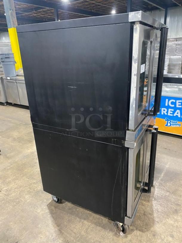 Duke Manufacturing double-stacked stainless steel convection oven, natural gas powered, thermostatic controls, on casters.