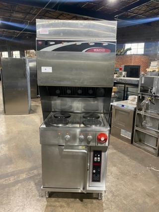 Wells VCS2000 ventless cooking system with 4-French hot plates, convection oven base, stainless steel, on casters and legs.