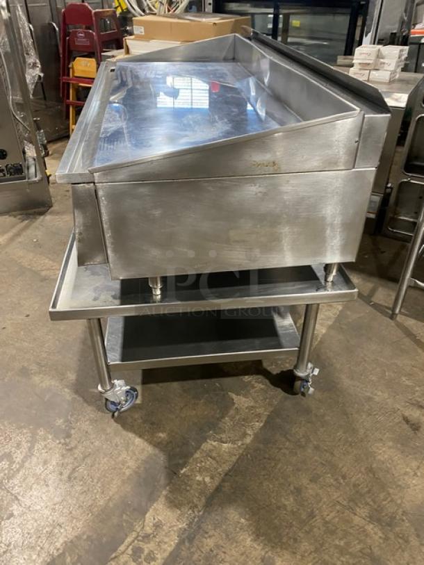 Keating commercial stainless steel countertop flat griddle, model 60X30, with back & side splash, undershelf equipment stand on casters.