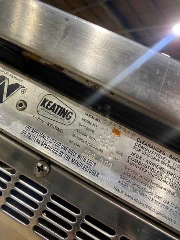 Keating Commercial Stainless Steel Griddle, Model 60X30, SN GG47746, on casters. Features back and side splash, undershelf stand.