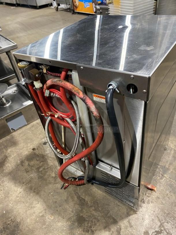 Hobart LX30H commercial dishwasher in stainless steel. Features fresh water rinse, built-in booster heater, and peg rack. Serial: 23-1043-456. 120/208V 1 Phase.