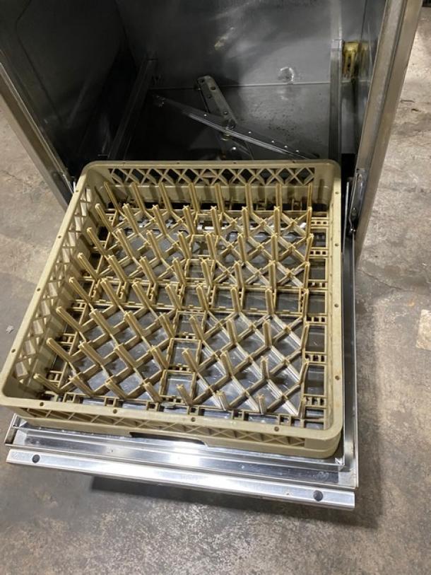 Hobart LX30H commercial dishwasher, stainless steel, undercounter model with fresh water rinse, built-in booster heater, and peg rack.