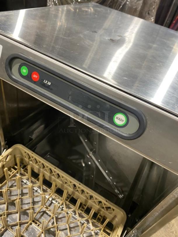 Hobart LX30H commercial stainless steel dishwasher with fresh water rinse, built-in booster heater, and peg rack. 120/208V, 1 Phase.