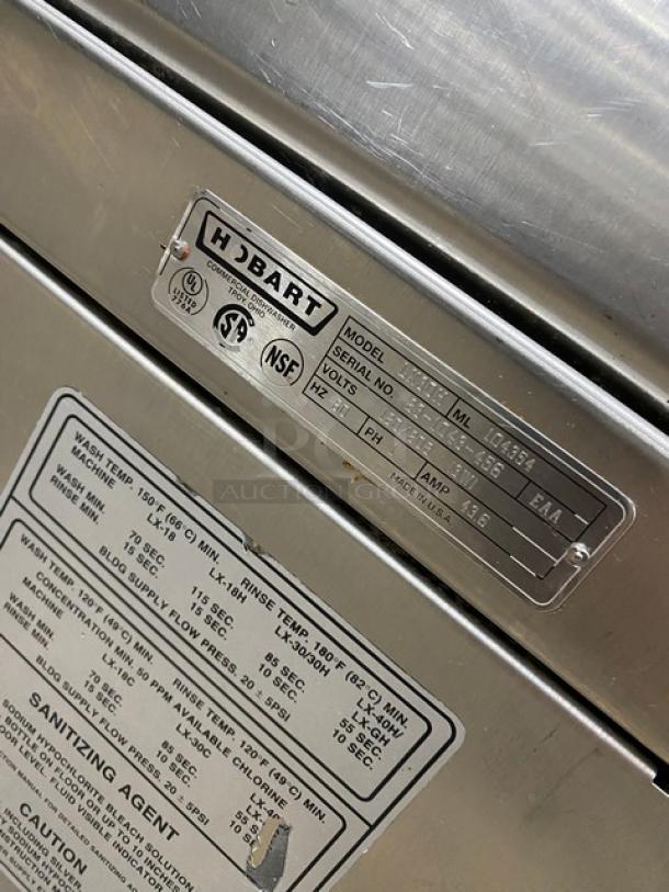 Hobart LX30H dishwasher, stainless steel, electric, undercounter, fresh water rinse, built-in booster heater, model/serial tags visible.