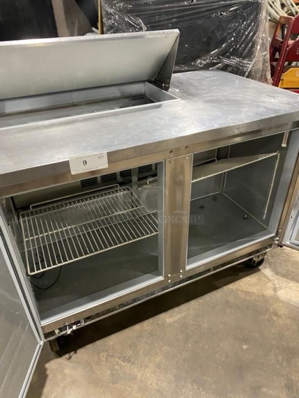 Beverage-Air stainless steel 2-door prep table, SPE48HC-08, with poly-coated wire racks, on casters, open top, 115V, 1 phase.
