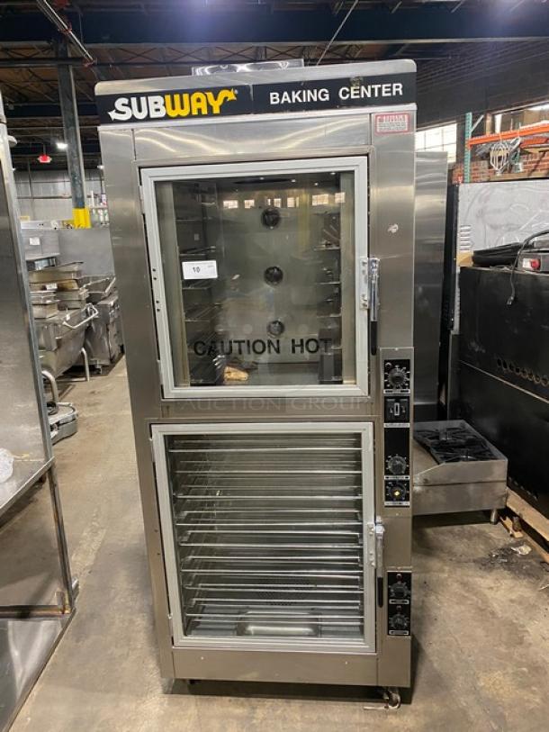 Nu-Vu OP-2FM stainless steel double stacked oven/proofer combo with thermostatic controls, wired racks, pan slides, on casters.